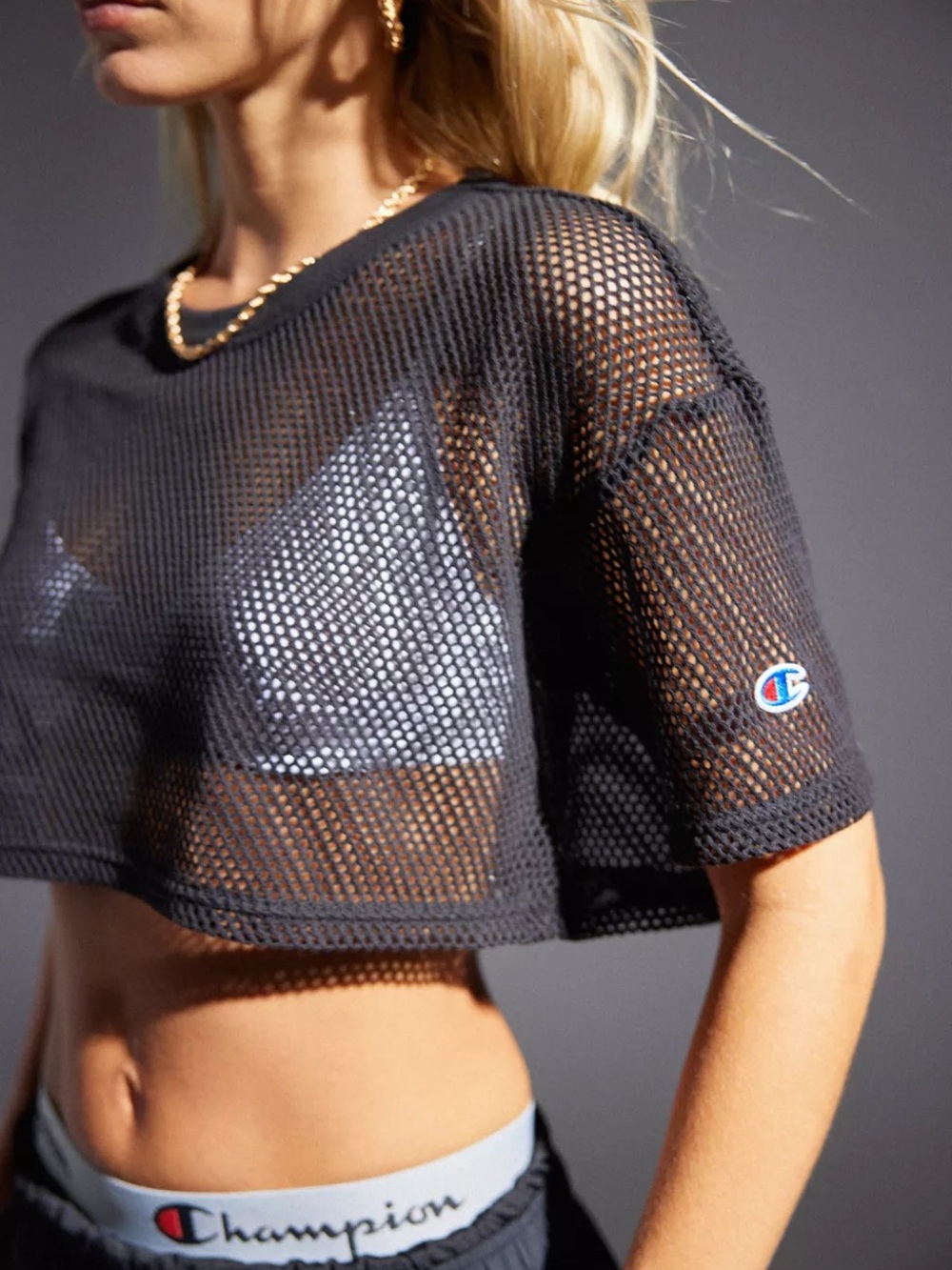Champion White Mesh Cropped Short-Sleeve Shirt -Size M